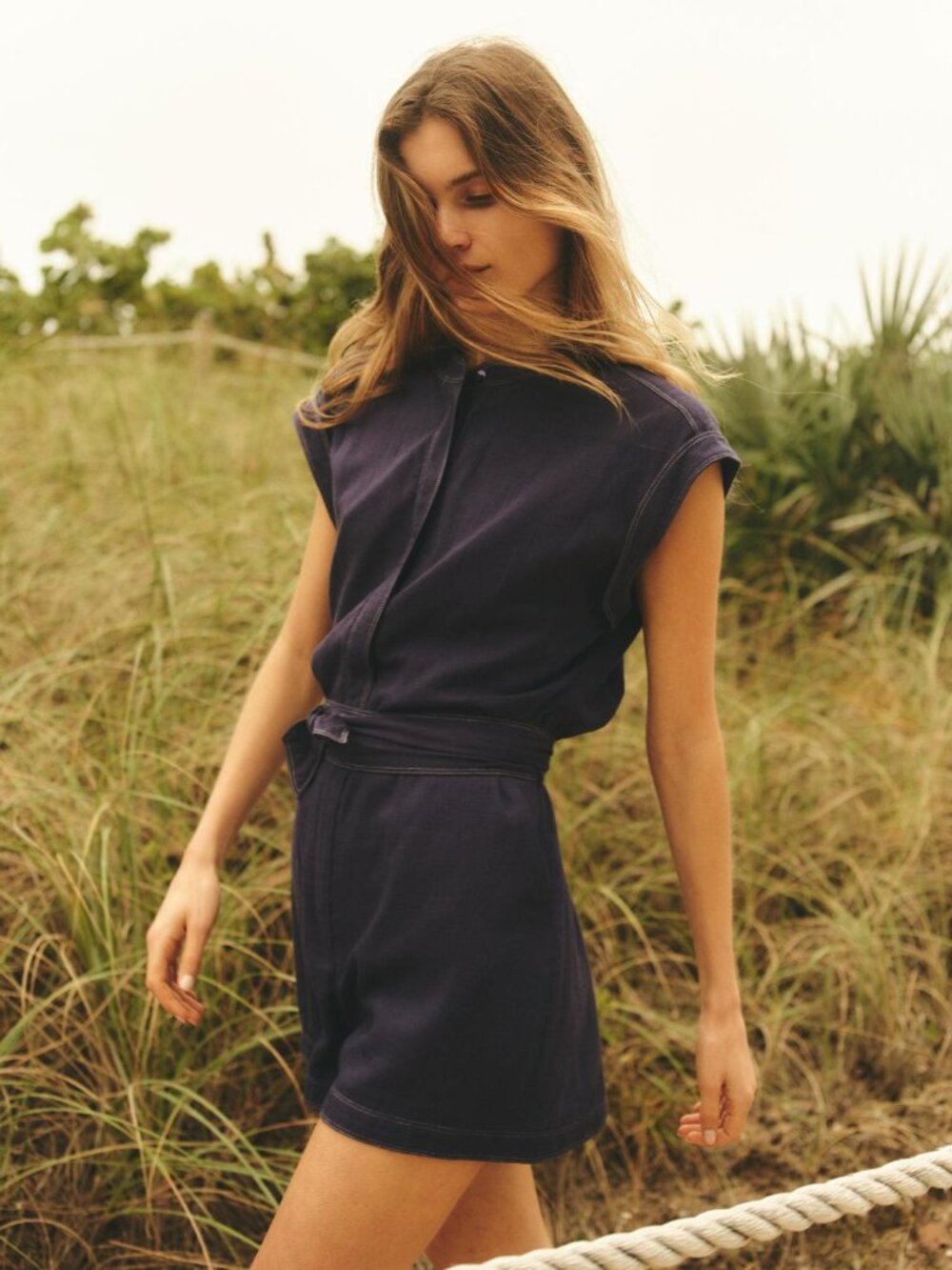 New Cartolina Nantucket Marin Linen Blend Midnight Blue Shorts Romper XS NWT